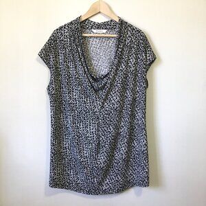 Tan Jay B&W Modular Net Print Cascade Neck Cap Sleeve Stretchy Blouse Top